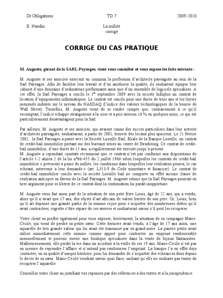 Cas Pratique Droit Des Contrats L2 Corrigé Droit Des Obligations, Corrigé Cas Pratique, La Nullité | PDF | Nullité du  contrat en droit civil français | Leasing