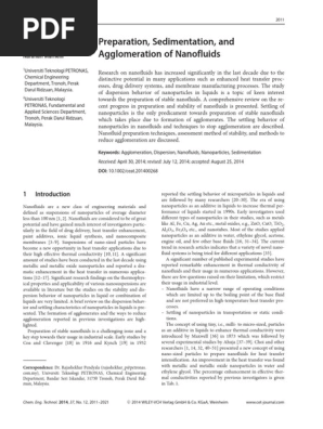 Preparation Sedimentation And Agglomeration Of Nanofluids Nanoparticle Surfactant