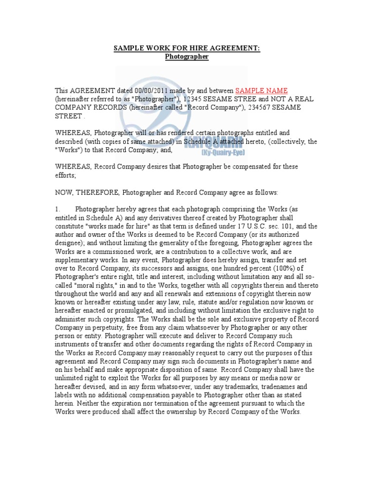 Sample Work For Hire Agreement  PDF  Breach Of Contract  Indemnity Pertaining To work made for hire agreement template