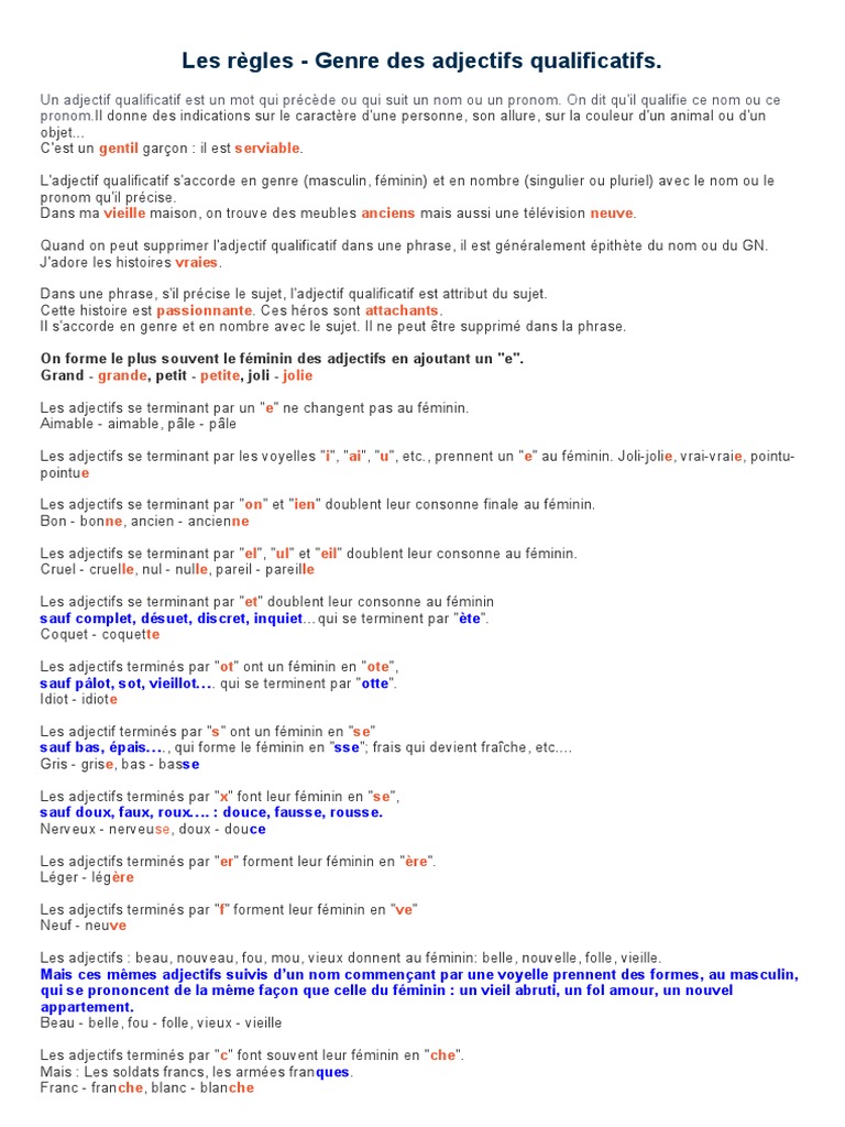 Accord Adjectif Pdf Genre Grammatical Adjectif