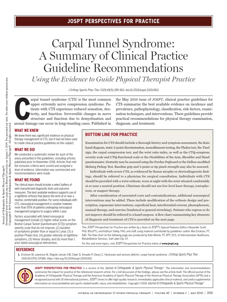 Carpal Tunnel Syndrome A Summary of Clinical Practice Guideline