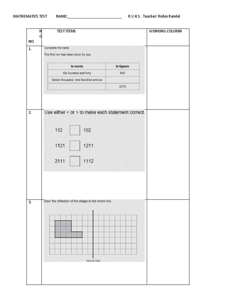 R.V.H.S. Mathematics Test Template | PDF