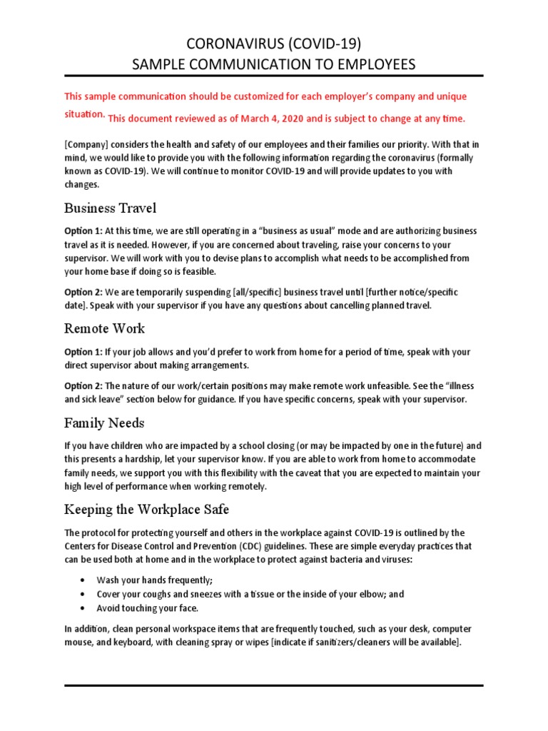 COVID-19 Employee Communication Sample | PDF | Telecommuting | Public ...