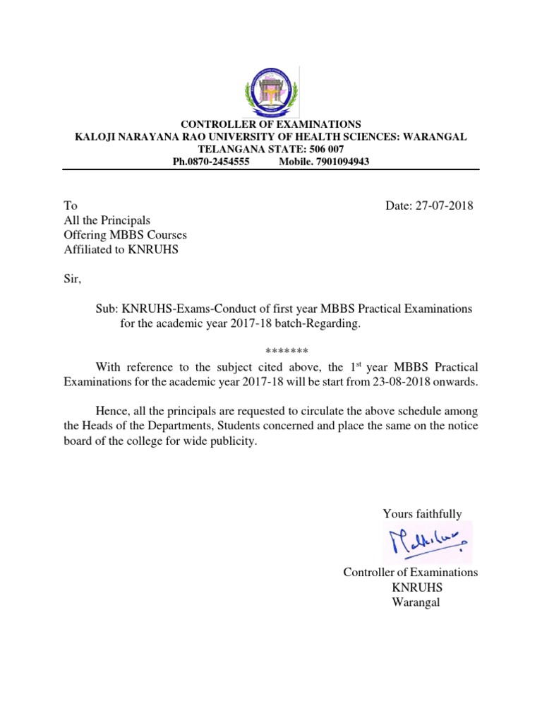 KNRUHS MBBS 1st Year Practical Exam Schedule | PDF