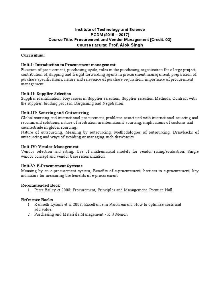 Procurement and Vendor Management Course | PDF