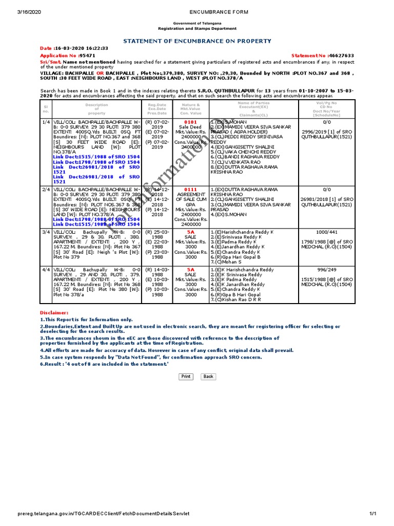 Encumbrance Statement for Bachpalle Property | PDF | Property