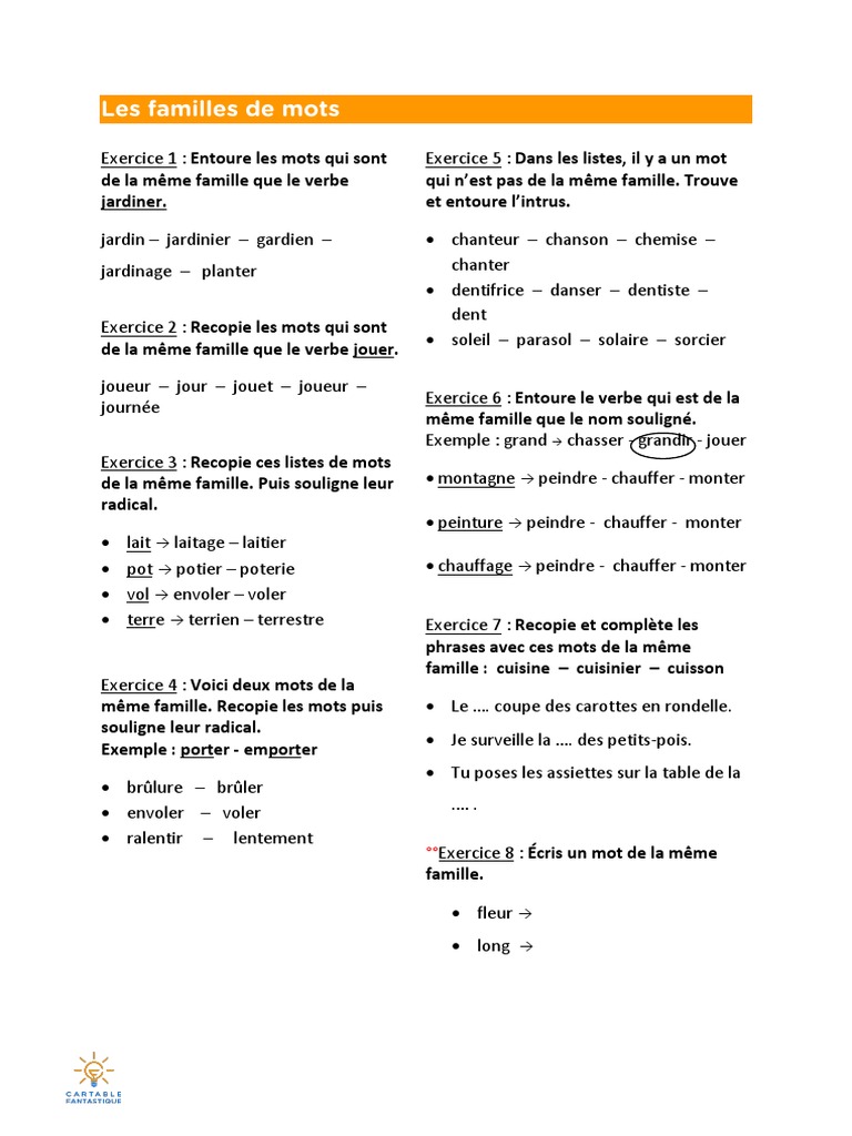 Mots De La Même Famille Exercices Les Familles de Mots PDF | PDF