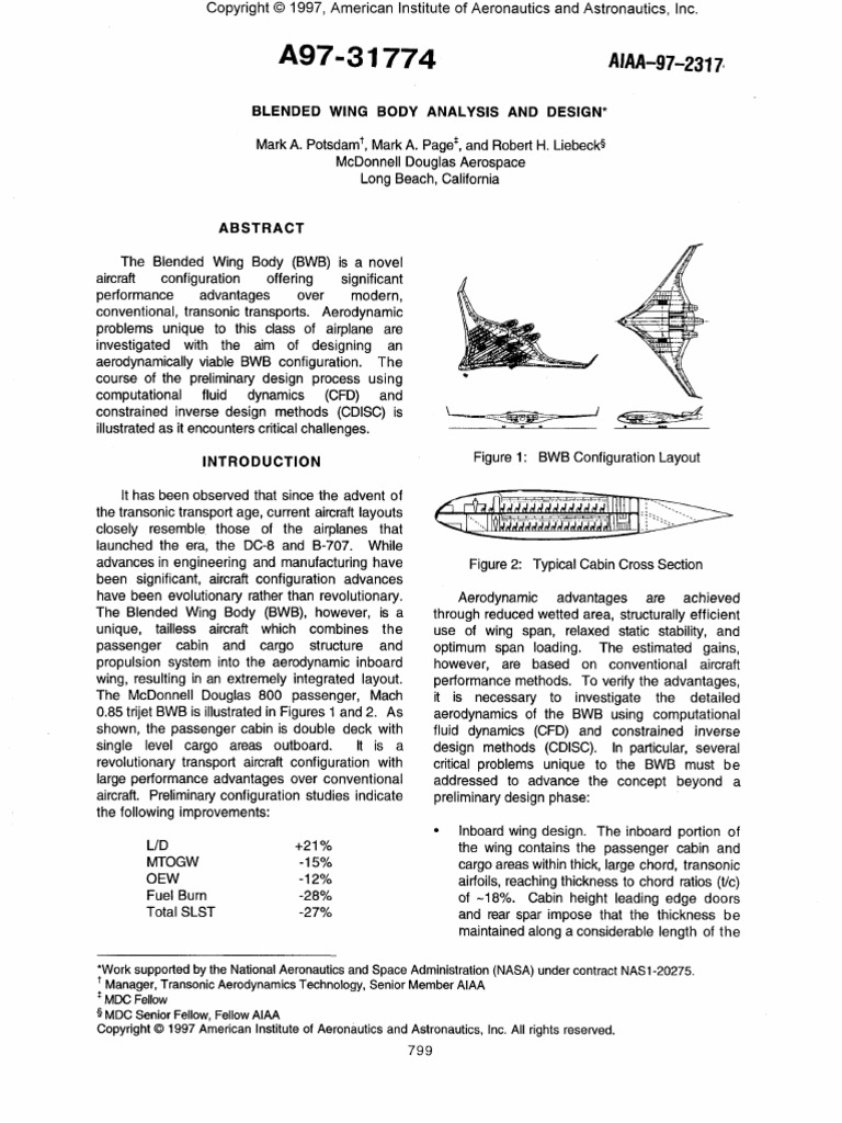 AIAA-97-2317: Blended Wing Body Analysis and Design | PDF | Lift (Force ...