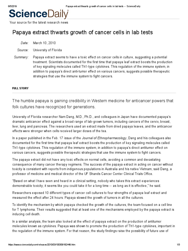 Papaya Extract Shows Potential as Cancer Treatment by Inhibiting Tumor