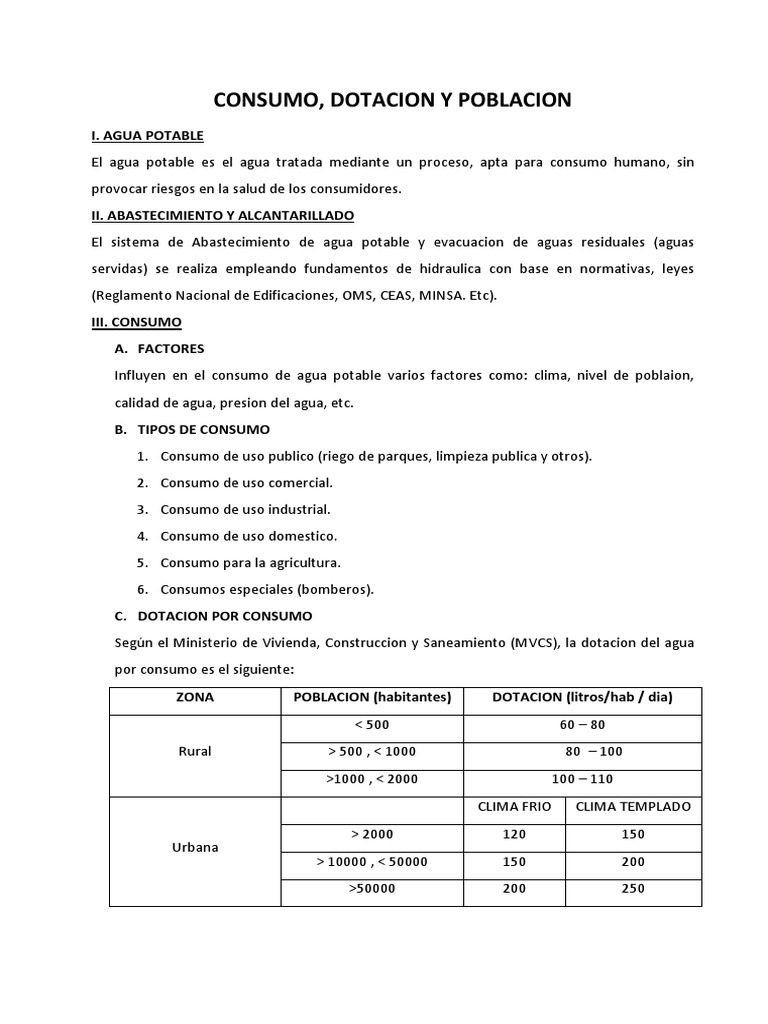 Consumo, Dotacion y Poblacion de Agua Potable | PDF | Agua potable ...