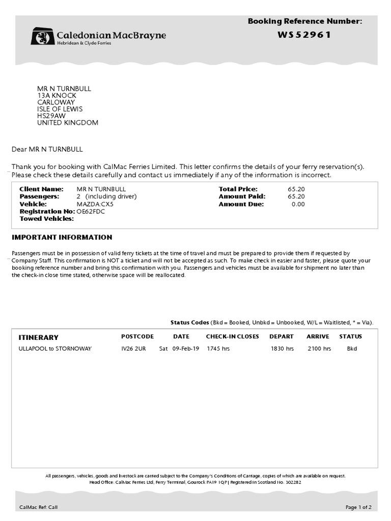 Booking Confirmation WS52961 PDF | PDF | Transport | Vehicles