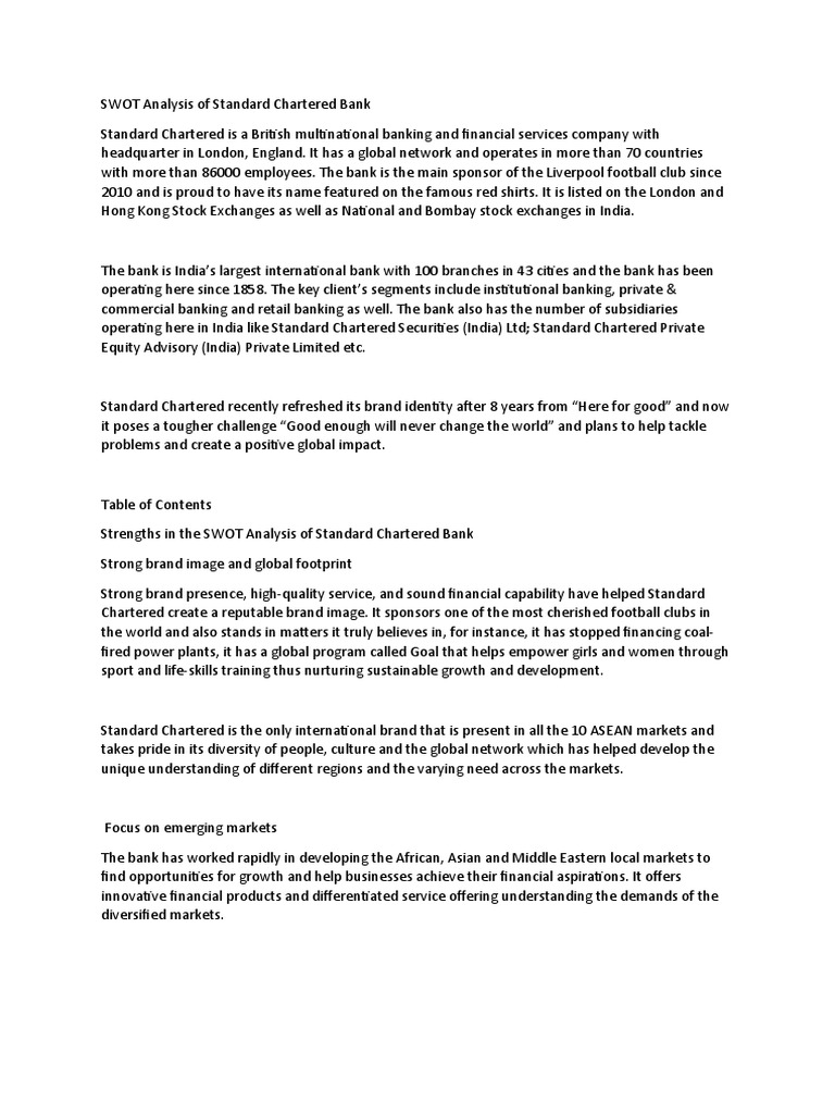 SWOT Analysis of Standard Chartered Bank | PDF | Banks | Sustainability