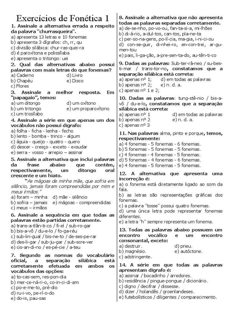 Exercícios de Fonética | PDF | Sílaba | Fonema