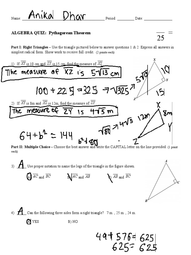 Pythagorean Theorem Algebra Quiz | PDF | Area | Triangle