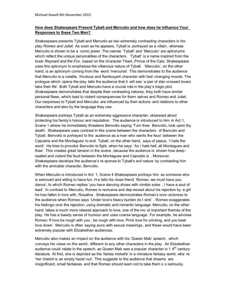 How Does Shakespeare Present Tybalt and Mercutio and How Does He ...