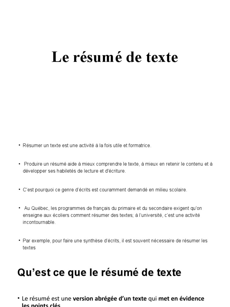 Le Résumé de Texte | PDF | Traductions | Nombre grammatical