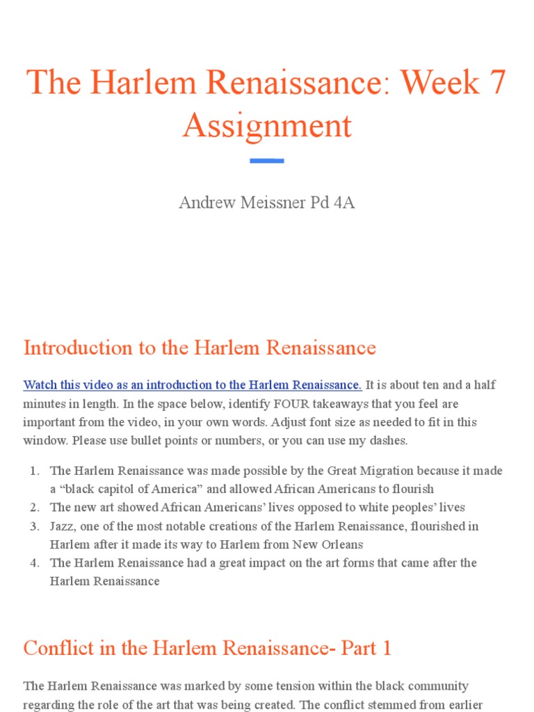 The Harlem Renaissance - Week 7 Assignment | PDF | Harlem Renaissance ...