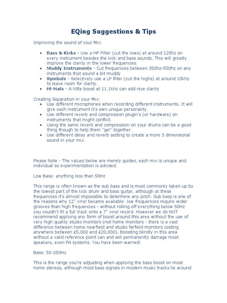 Eqing Suggestions Tips Pdf Equalization Audio Guitars