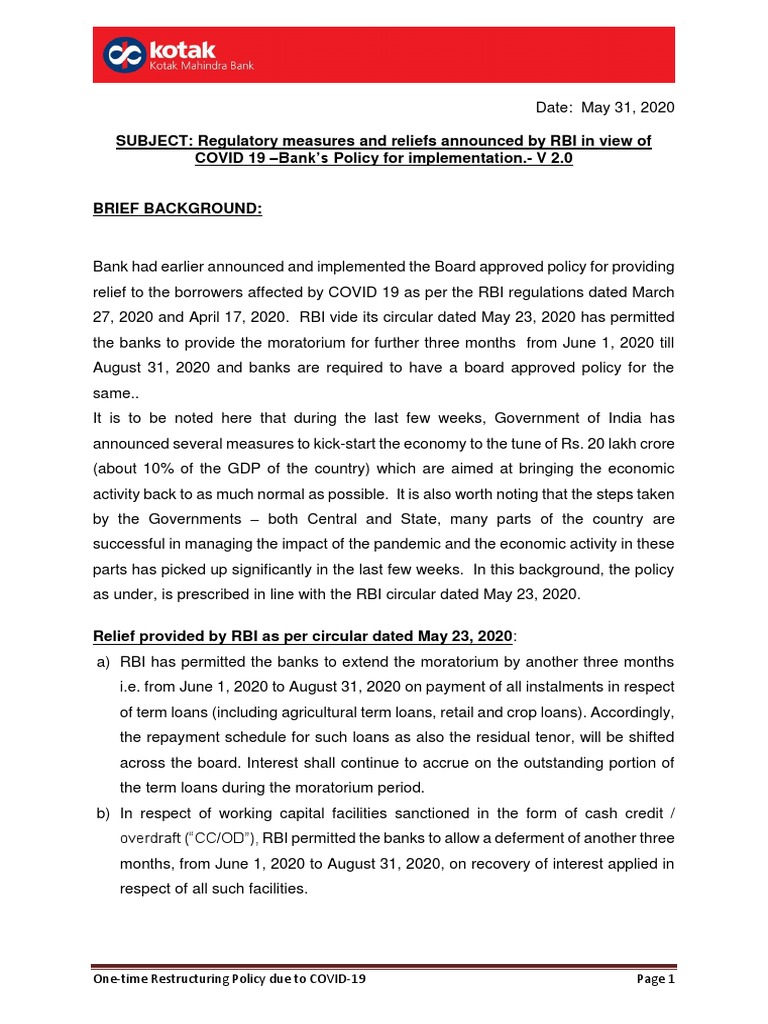 RBI Moratorium Guidelines 2020 | PDF | Reserve Bank Of India | Banks