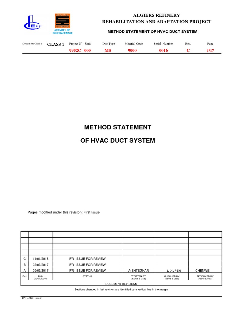 Method Statement of Hvac Duct System Class 1 PDF Duct (Flow) Building Insulation