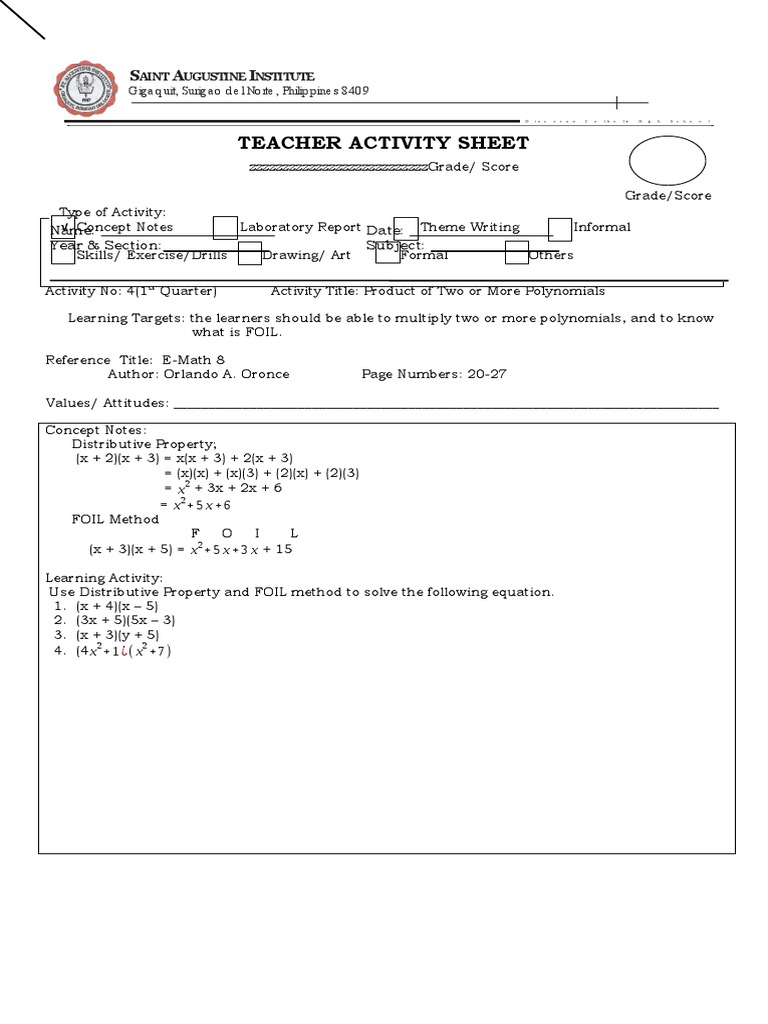 Teacher Activity In Math 8 Fraction Mathematics Factorization