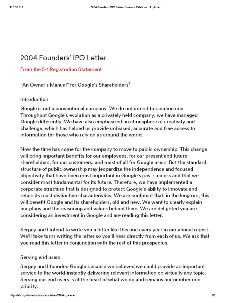 Google Letters To Shareholders (ALL) PDF Initial Public Offering