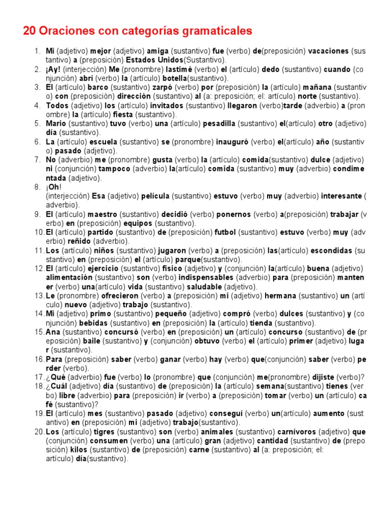 Oraciones Con Categorias Gramaticales Pdf Sustantivo Adjetivo