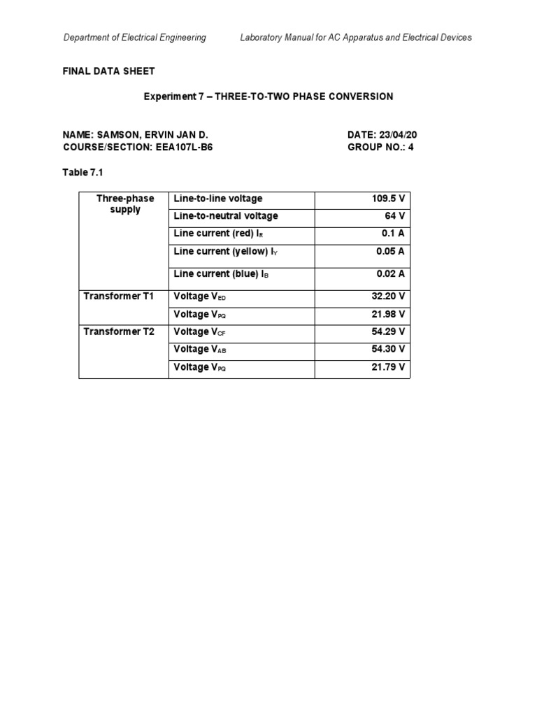 Department of Electrical Engineering Laboratory Manual For AC Apparatus ...