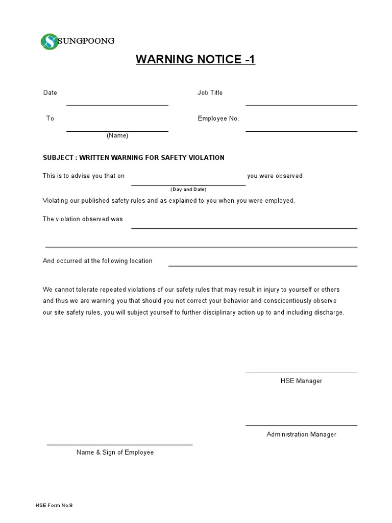 Safety Violation Warning Notice Template | PDF | Employee Relations ...