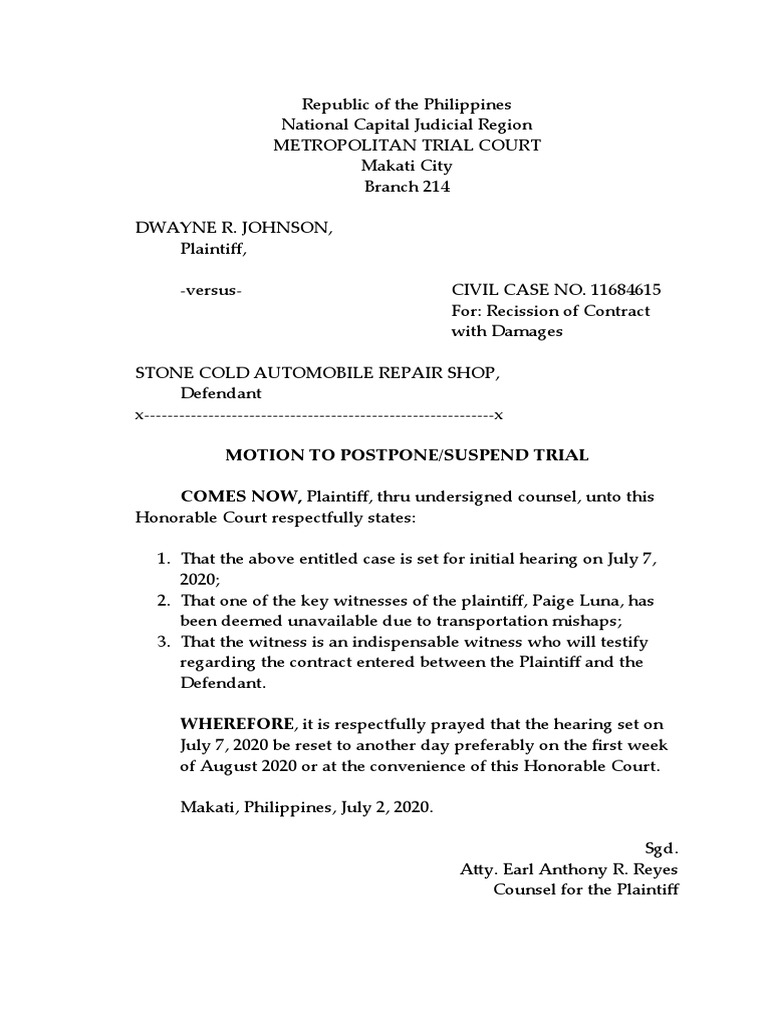 Motion to postpone trial pdf legal procedure separation of powers