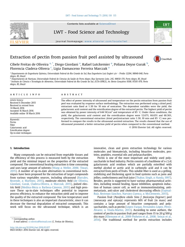 Extraction of Pectin From Passion Fruit Peel As 2016 LWT Food
