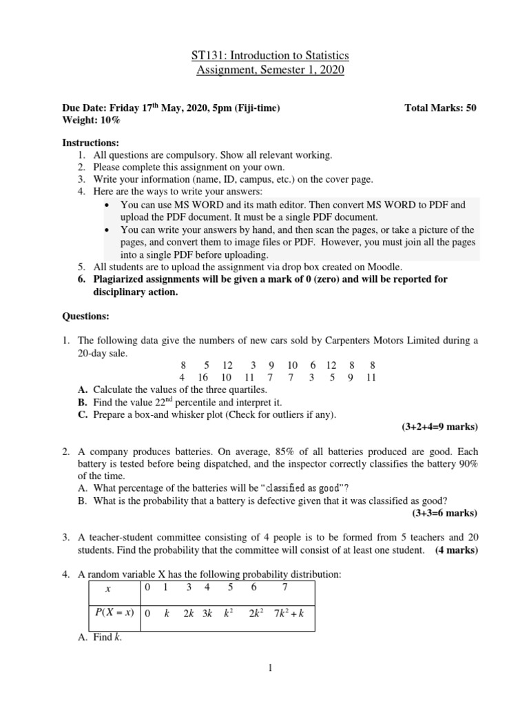 ST131: Introduction To Statistics Assignment, Semester 1, 2020 | PDF ...