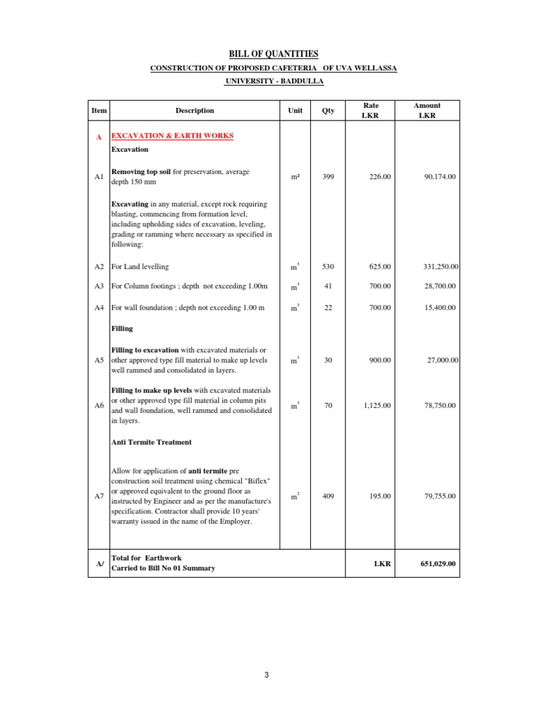 A Excavation & Earth Works Bill Of Quantities Electrical Wiring Ac