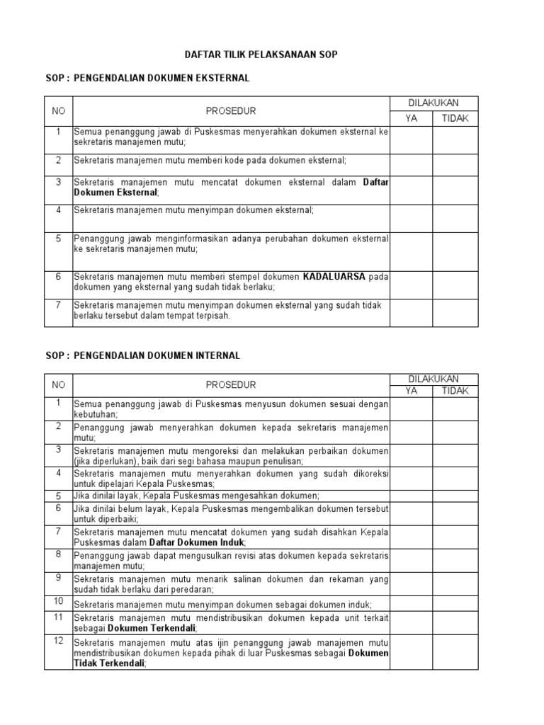 Contoh Checklist SOP Puskesmas | PDF | Teknologi & Rekayasa