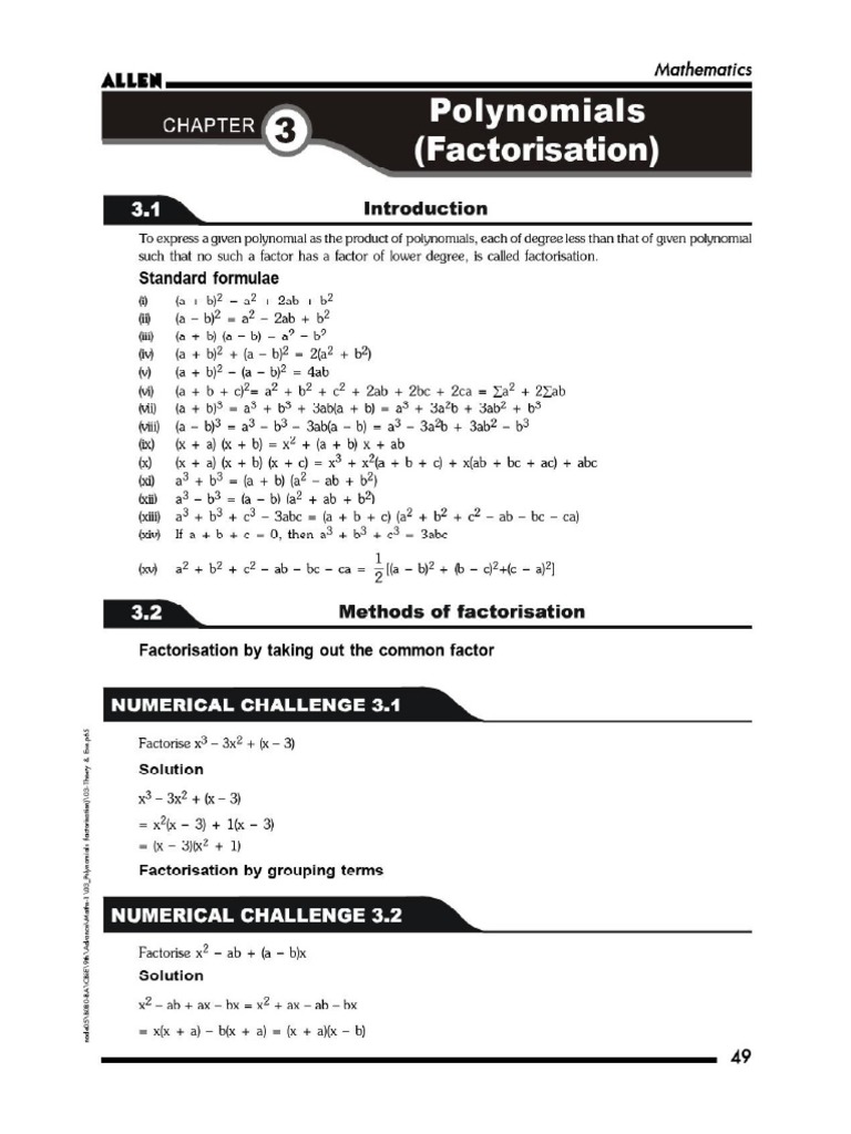 Polynomials Factorisation 9th Advance Pdf