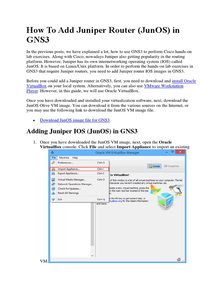 How To Add Juniper Router (JunOS) in GNS3 PDF Virtual Machine Juniper Networks