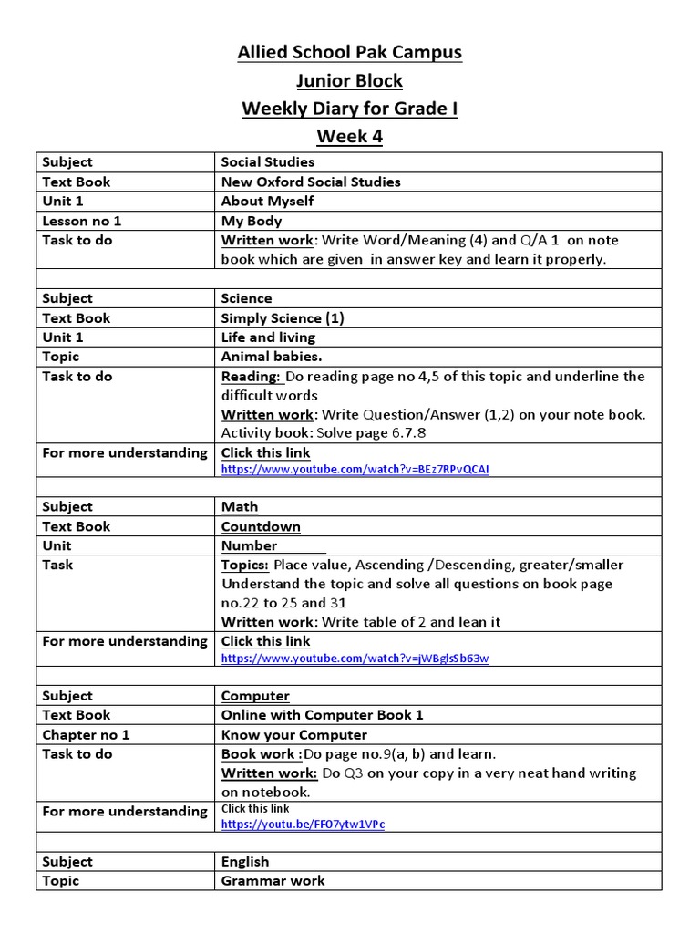 Grade I Weekly Diary - Week 4 Tasks | PDF | Books | Human Communication