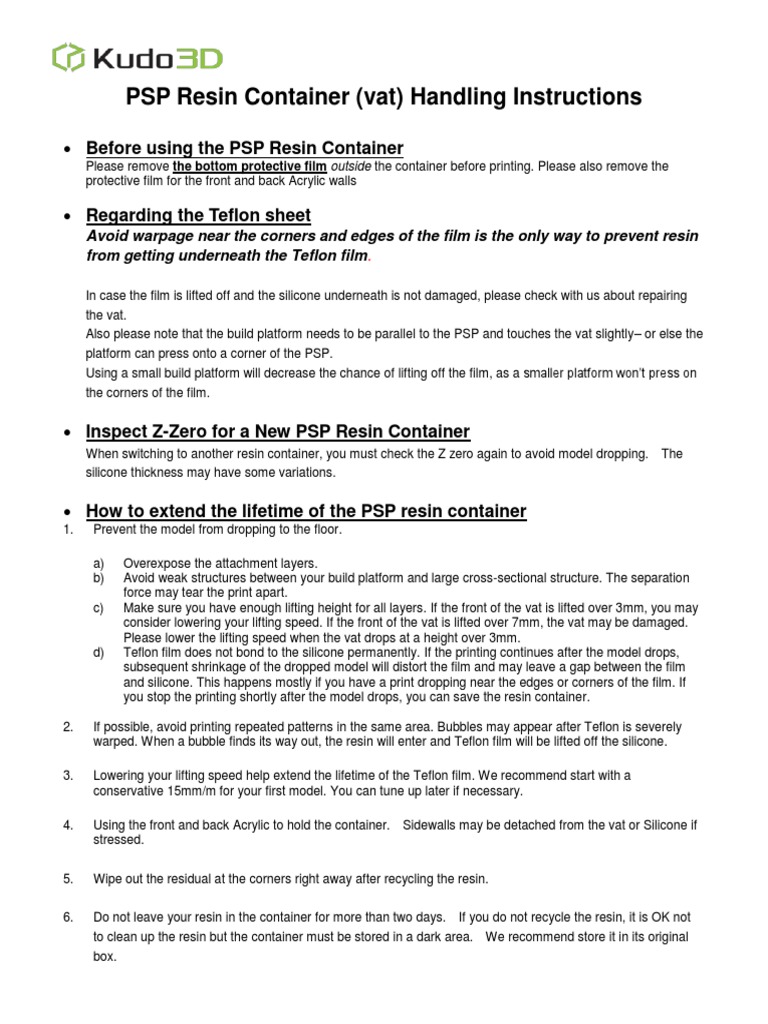 PSP Resin Container (Vat) Handling Instructions PDF Materials Nature