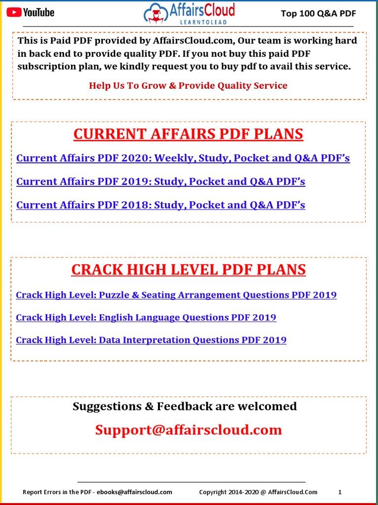 Current Affairs Q&A PDF Top 100 - May 2020 by AffairsCloud | PDF ...