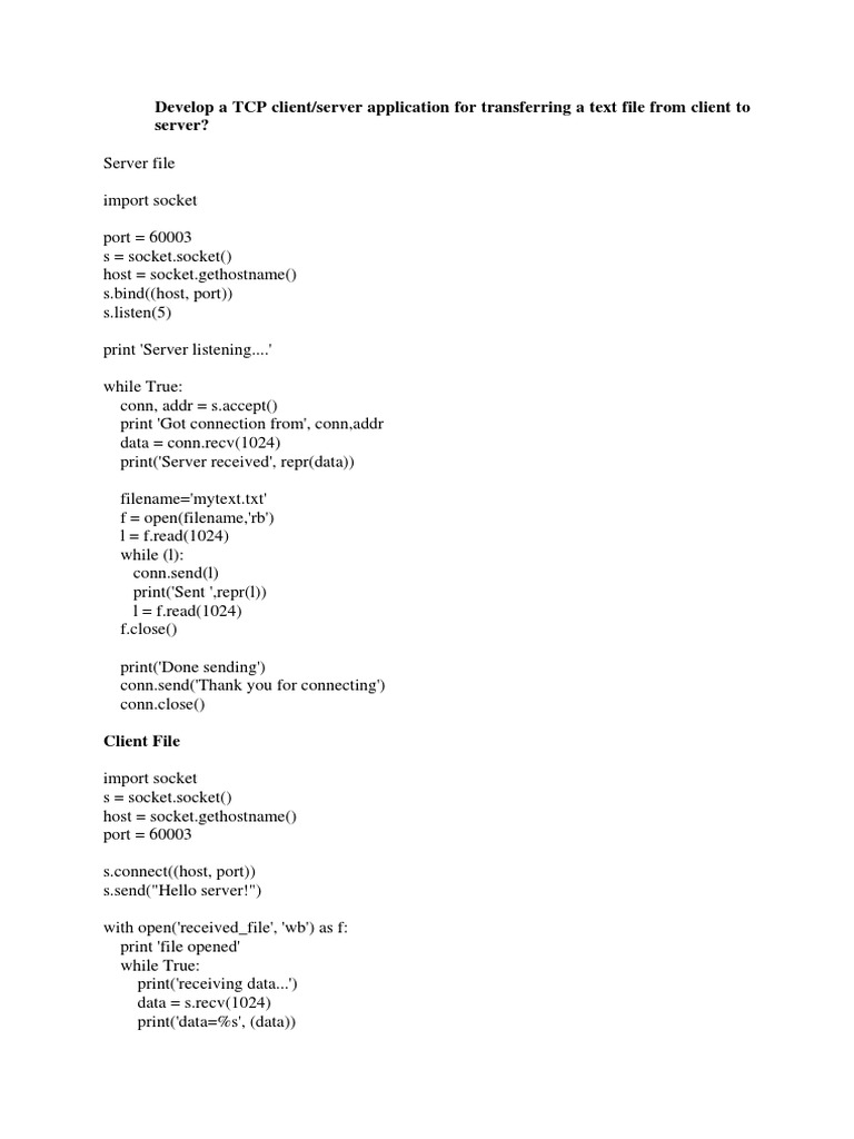 Develop a tcp client server application for transferring a text file 