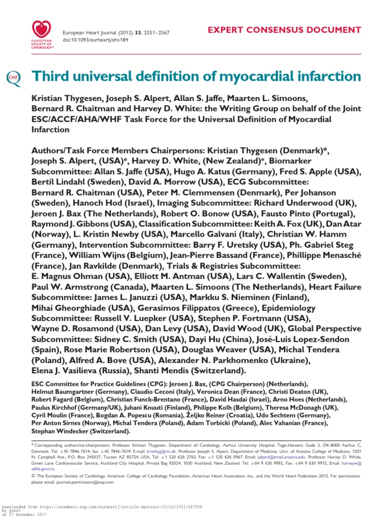Third Universal Definition of Myocardial Infarction: Expert Consensus ...