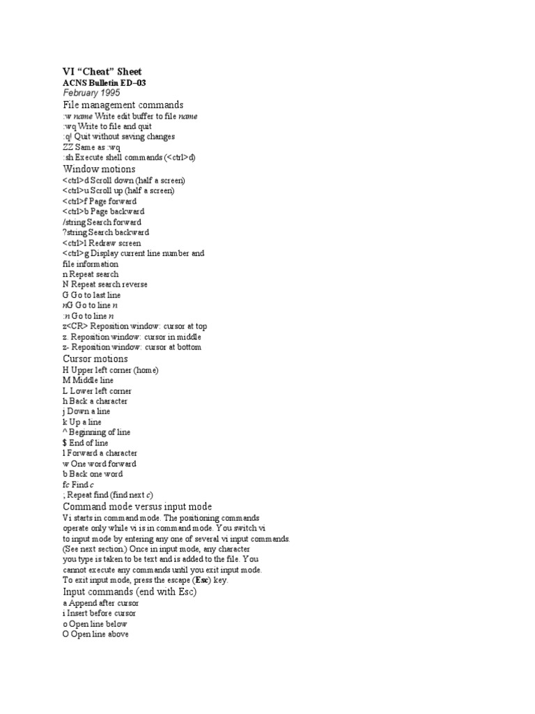 File Management Commands: VI "Cheat" Sheet | PDF | Computer Programming ...