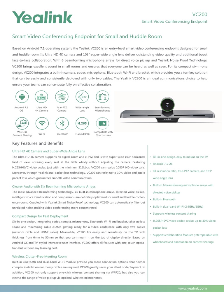 Yealink VC200 Smart Video Conferencing Endpoint Datasheet PDF | PDF ...