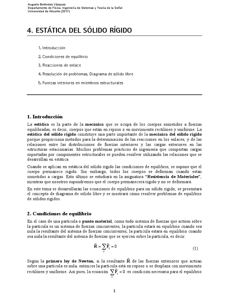 4 Estatica Del Solido Rigido PDF | PDF | Doblar | Fuerza