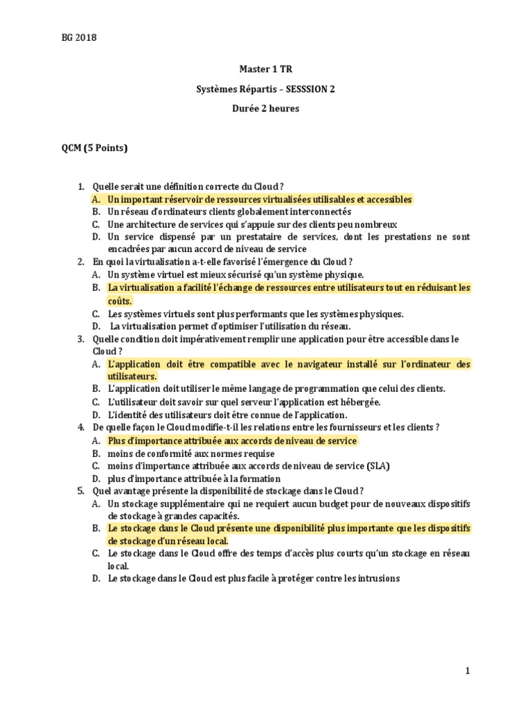 QCM sur le Cloud Computing et Virtualisation | PDF | Service-level ...