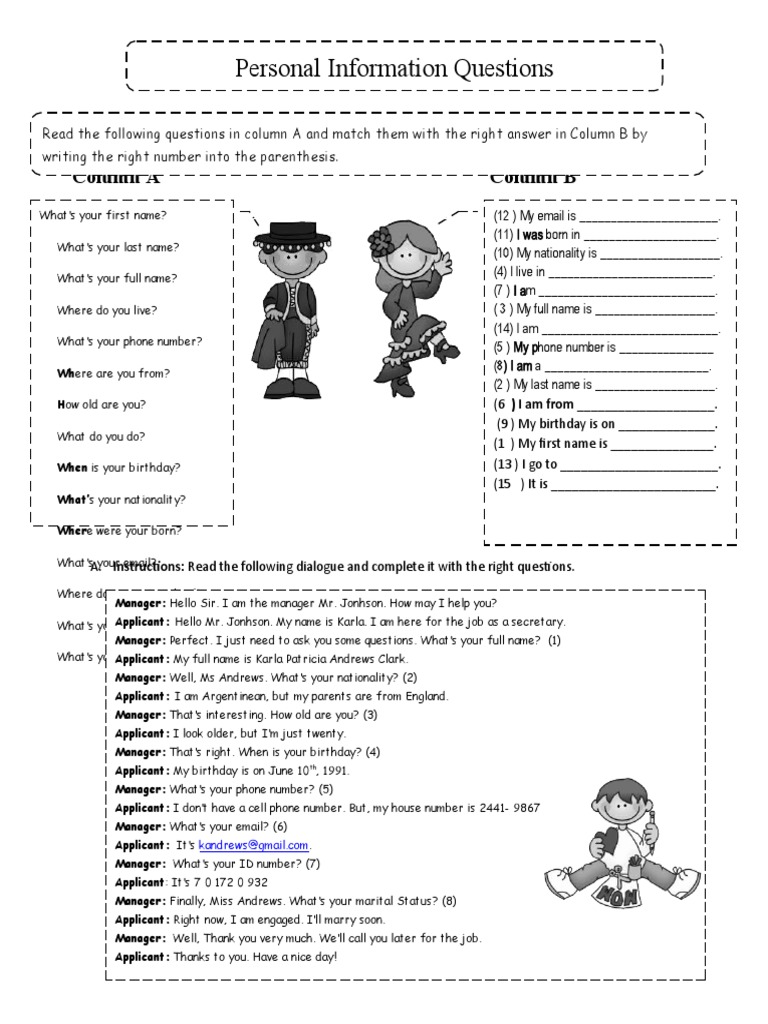 Personal Information Questions Worksheet | PDF | Language Arts & Discipline