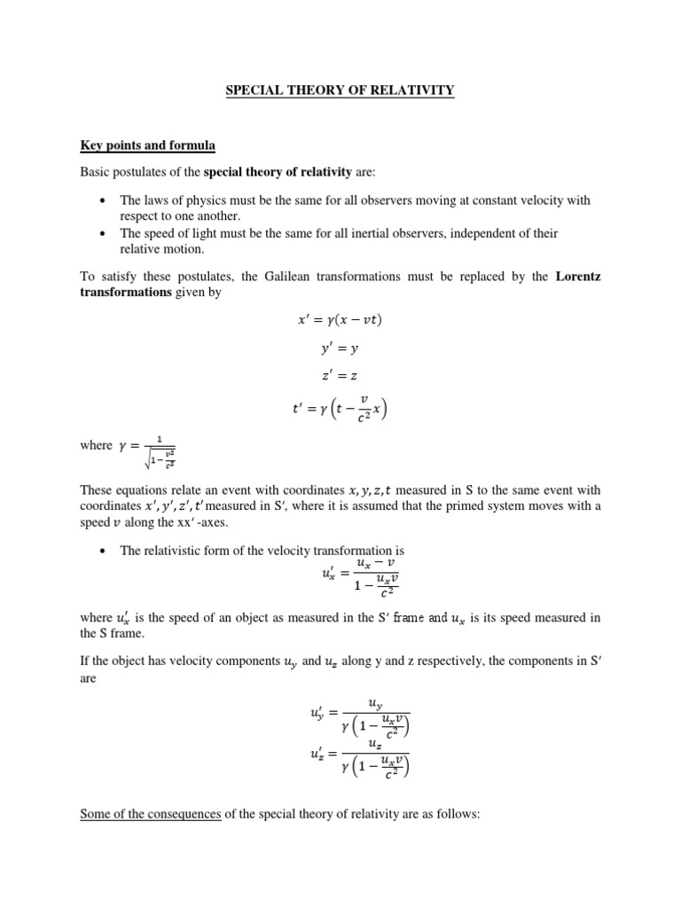 Special Relativity: Key Concepts & Formulas | PDF | Special Relativity ...