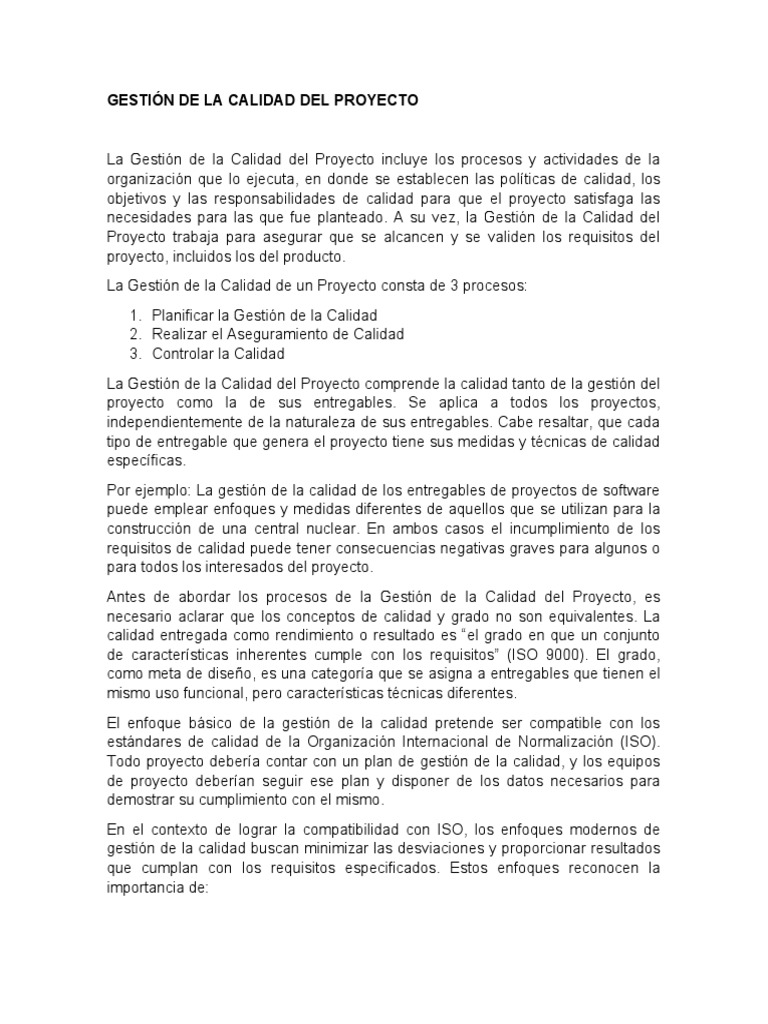 Gestión de La Calidad Del Proyecto | PDF | Gestión de la calidad ...