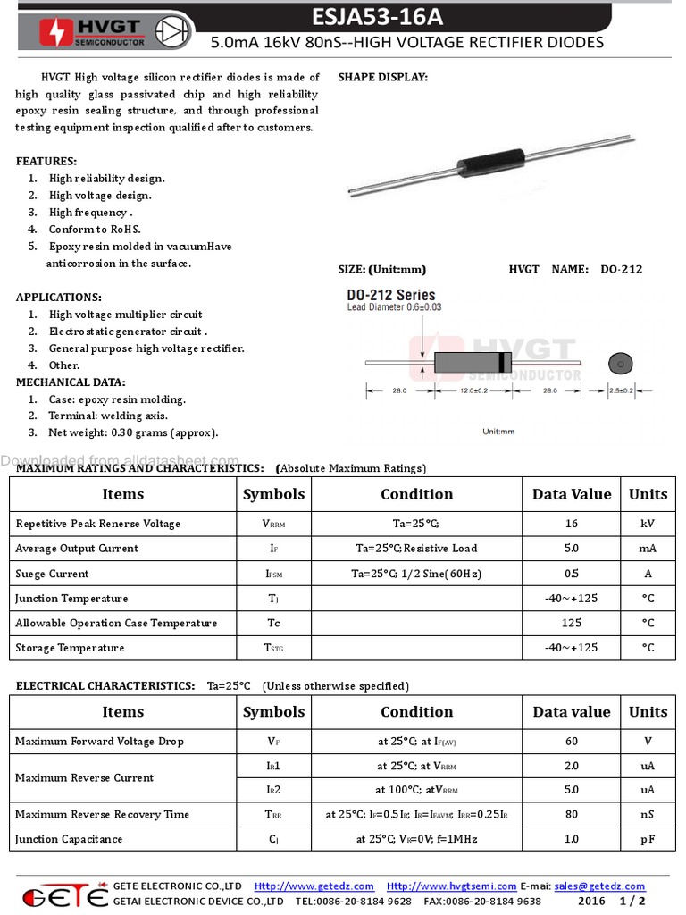 5.0ma 16Kv 80Ns High Voltage Rectifier Diodes Items Symbols Condition Data Value Units PDF