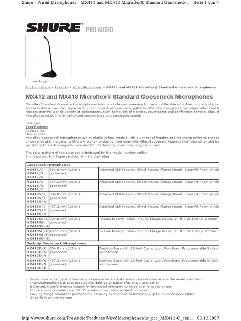 MX412 and MX418 Microflex® Standard Gooseneck Microphones: View Larger ...